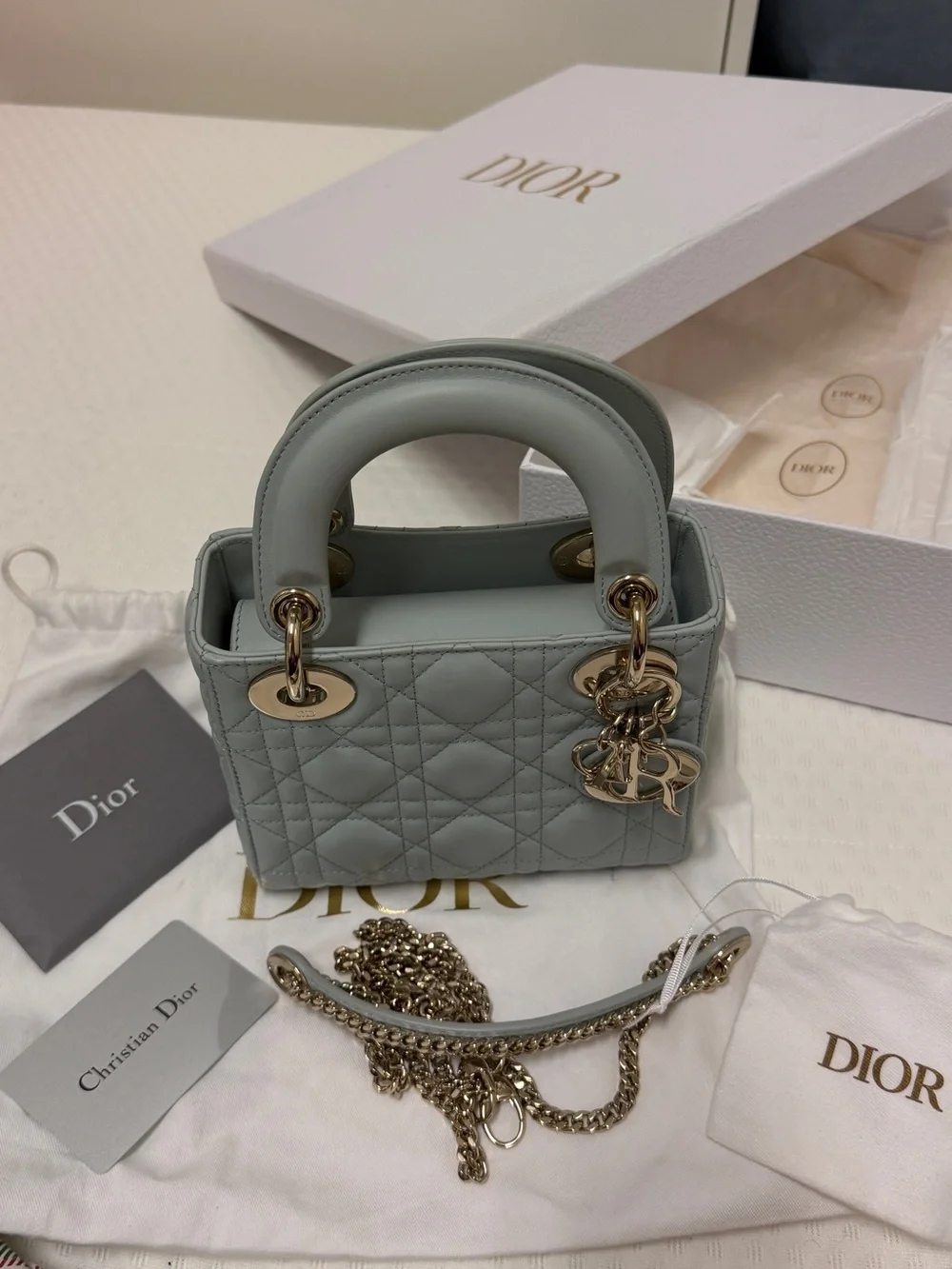 Dior Mini Lady Dior Top Handle Bag in Pale Slate Gray with Gold Hardware - Picture 10 of 10